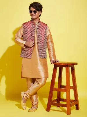 Jashvi Boys' Rose Gold Silk Blend Kurt Pyjama And Maroon Nehru Jacket Set