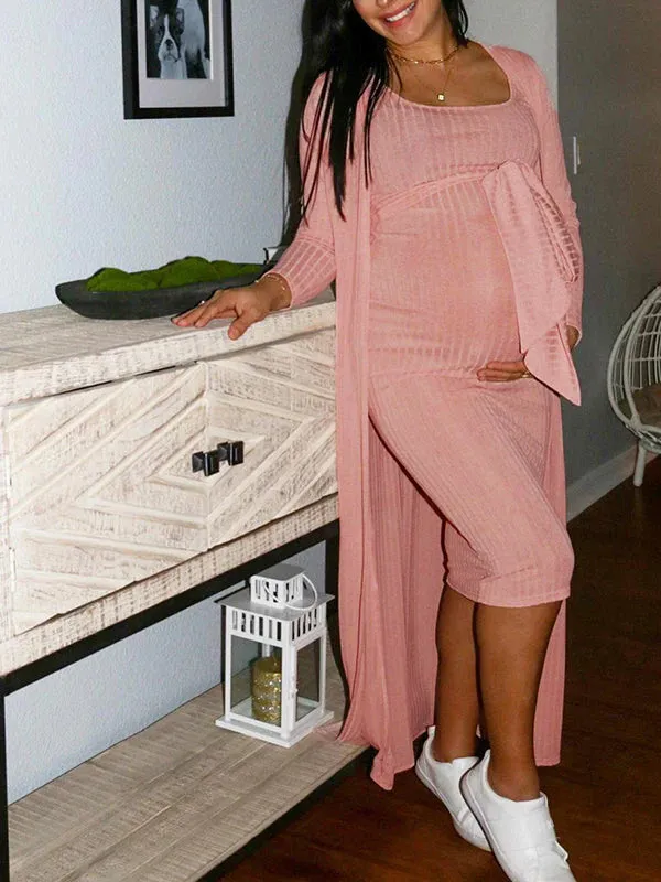 Momyknows Pink Sweater Off Shoulder Sashes Cardigans Bodycon 2-in-1 Baby Shower Maternity Midi Dress