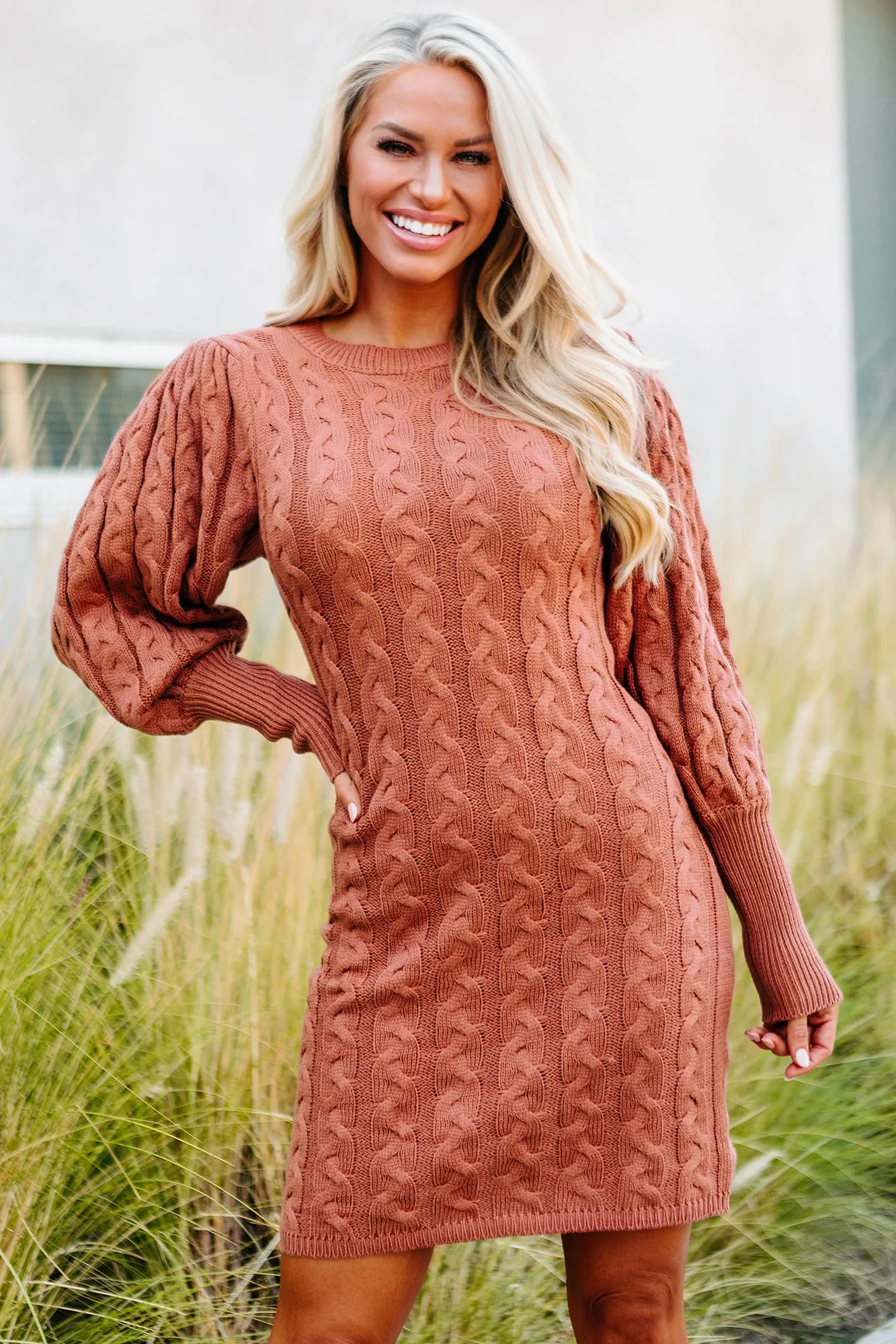 Nobody's Business Puff Sleeved Cable Knit Sweater Dress (Sienna)