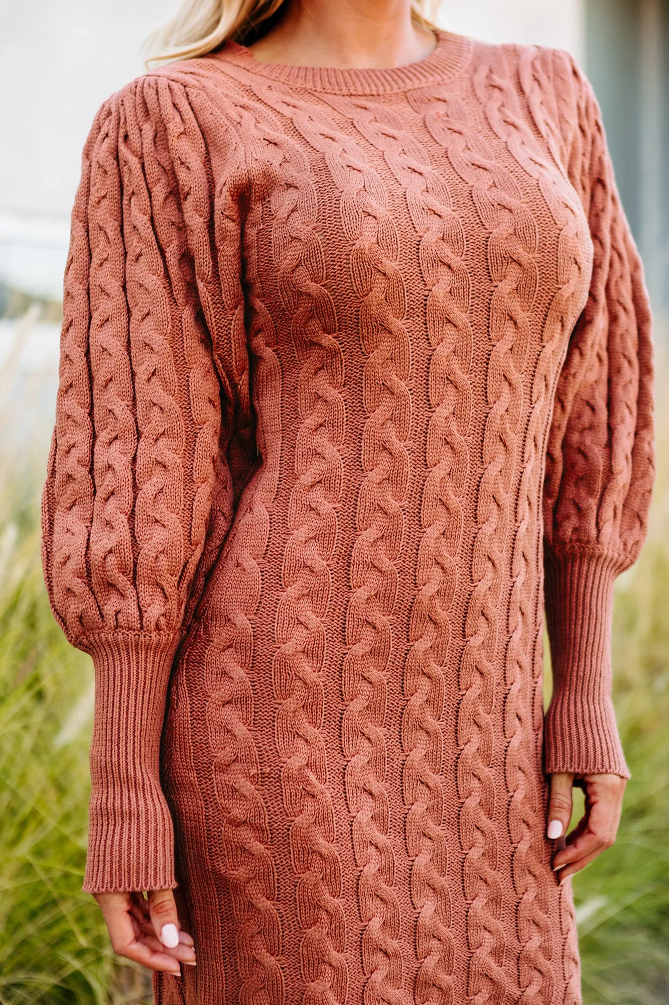 Nobody's Business Puff Sleeved Cable Knit Sweater Dress (Sienna)