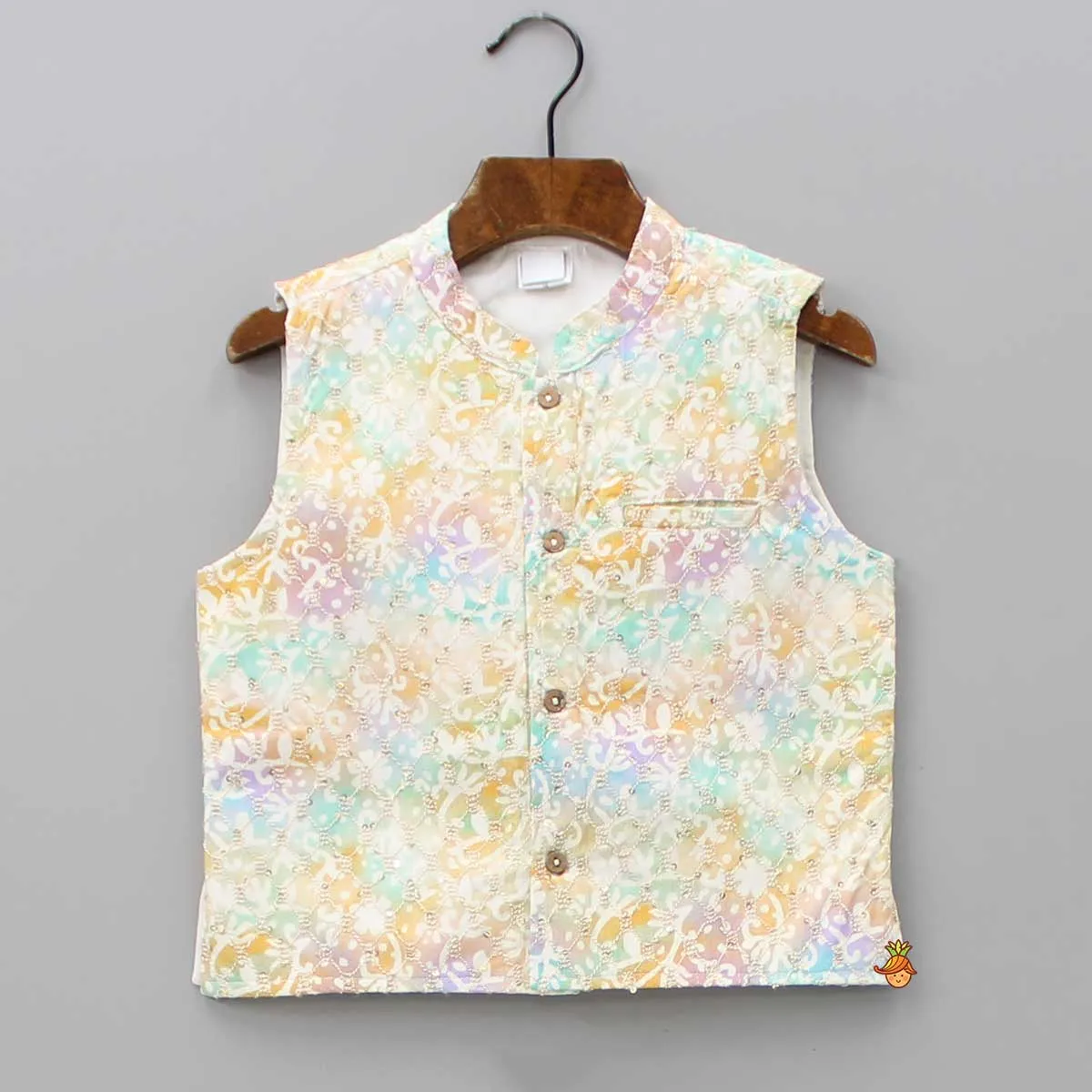 Peach Kurta With Embroidered Pocket Detail Jacket And Pyjama