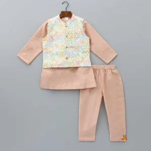 Peach Kurta With Embroidered Pocket Detail Jacket And Pyjama