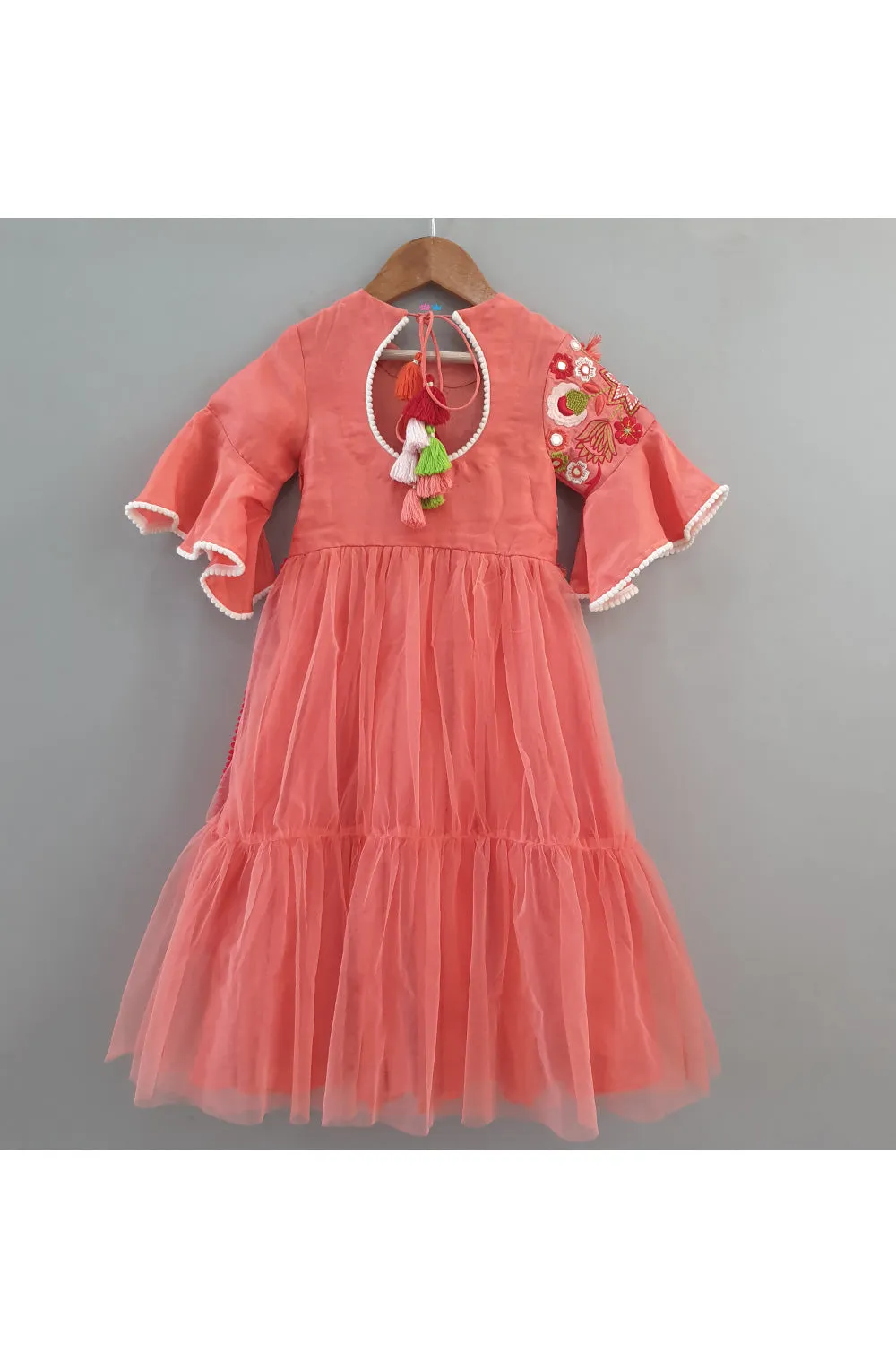 Peach Thread Embroidered Attached Jacket Gown