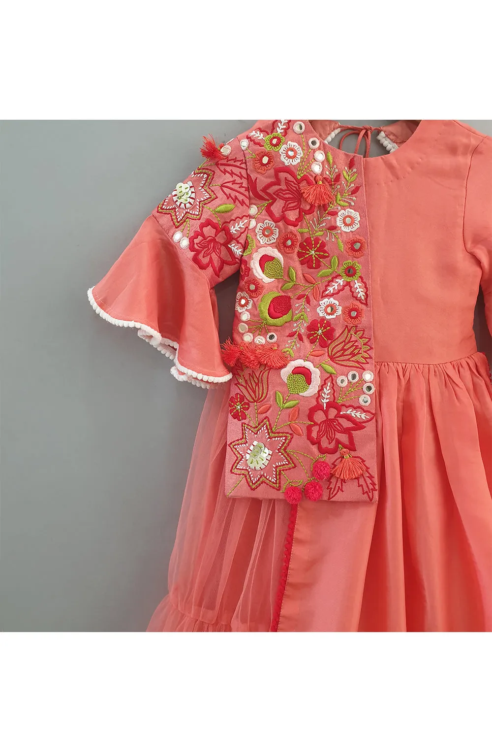 Peach Thread Embroidered Attached Jacket Gown