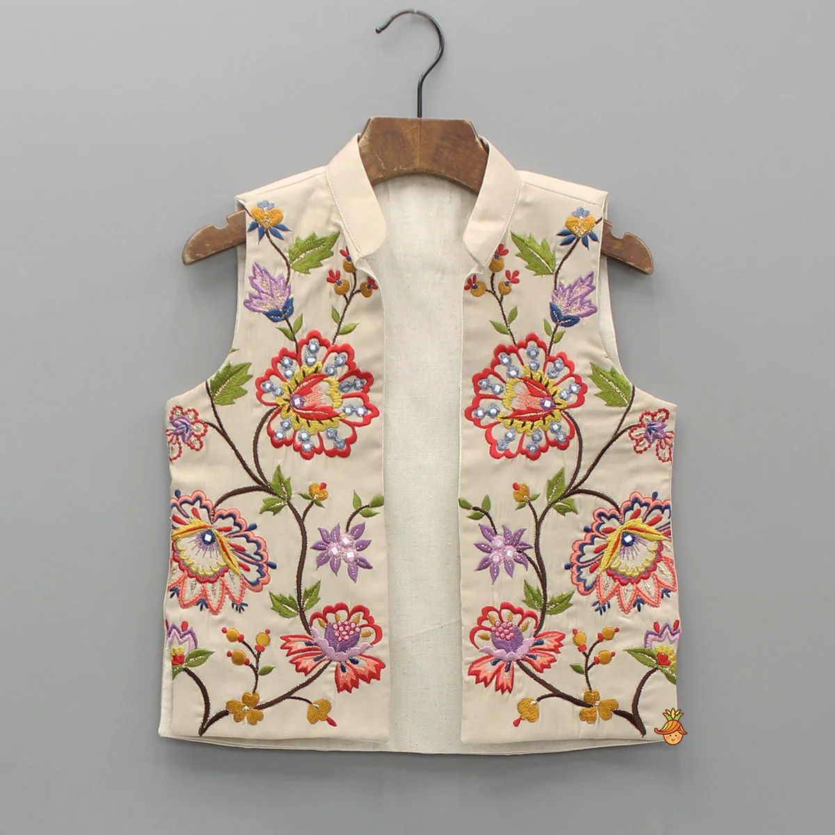 Pre Order: Beige Kurta And Embroidered Front Open Jacket With Pyjama