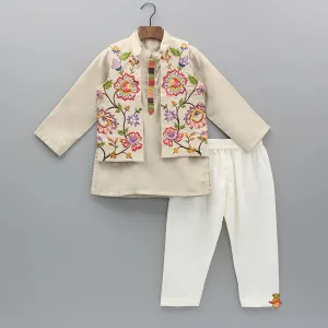 Pre Order: Beige Kurta And Embroidered Front Open Jacket With Pyjama