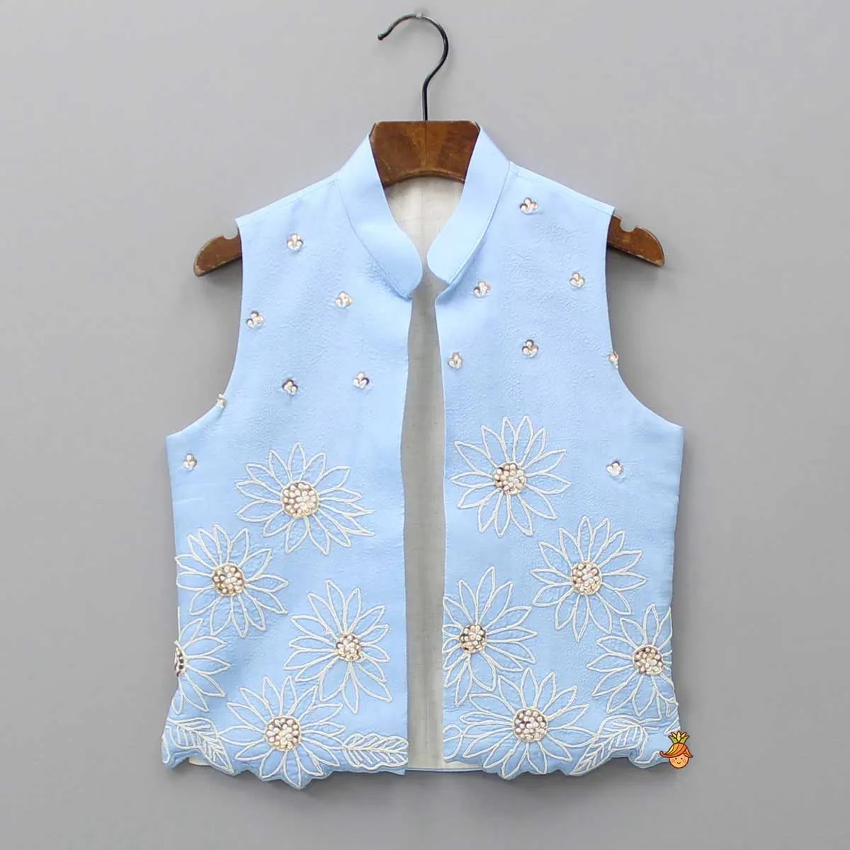 Pre Order: Silk Mandarin Collar Blue Kurta With Open Jacket And Pyjama