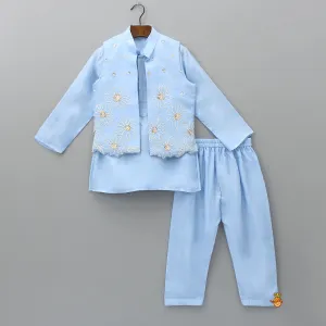 Pre Order: Silk Mandarin Collar Blue Kurta With Open Jacket And Pyjama