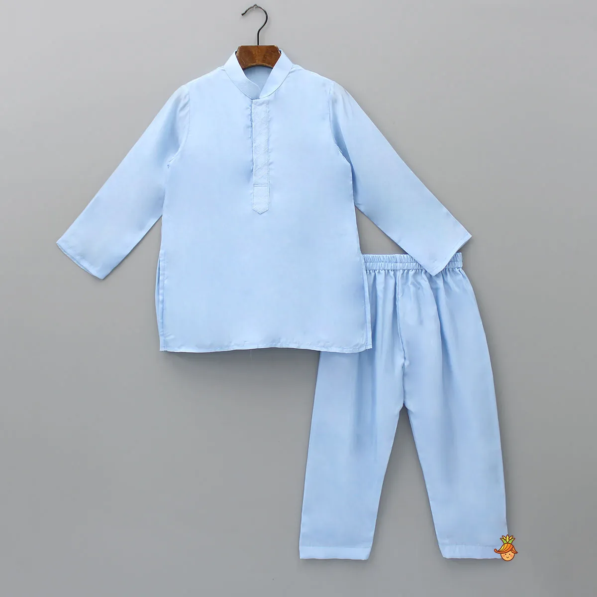 Pre Order: Silk Mandarin Collar Blue Kurta With Open Jacket And Pyjama