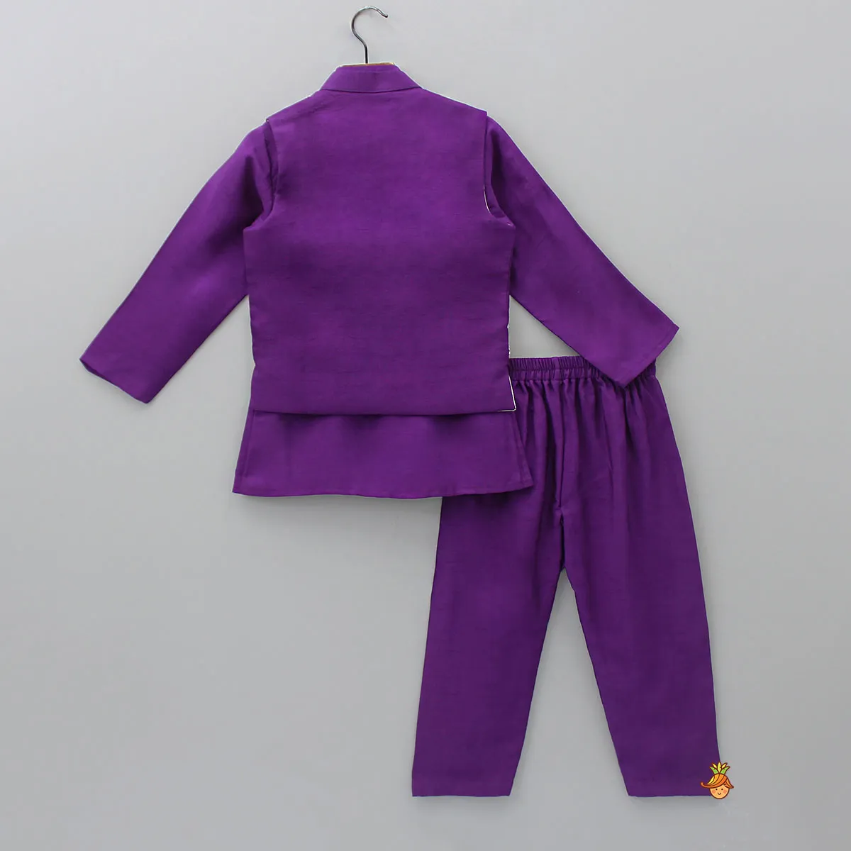 Pre Order: Silk Mandarin Collar Purple Kurta With Open Jacket And Pyjama