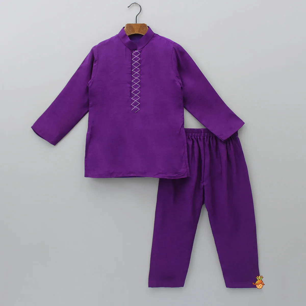 Pre Order: Silk Mandarin Collar Purple Kurta With Open Jacket And Pyjama