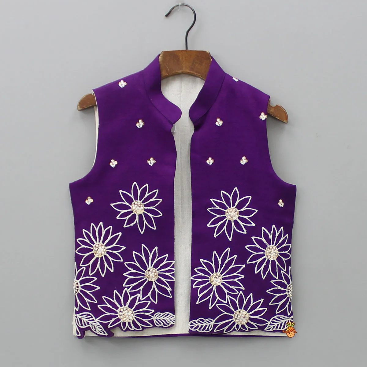 Pre Order: Silk Mandarin Collar Purple Kurta With Open Jacket And Pyjama