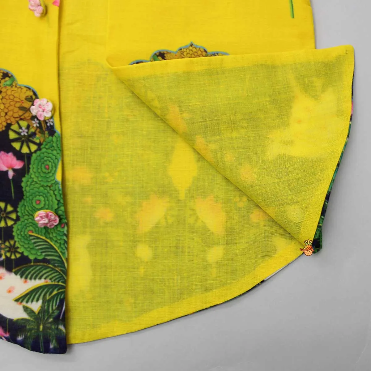 Pre Order: Yellow Printed Kurta With Open Jacket And Pyjama