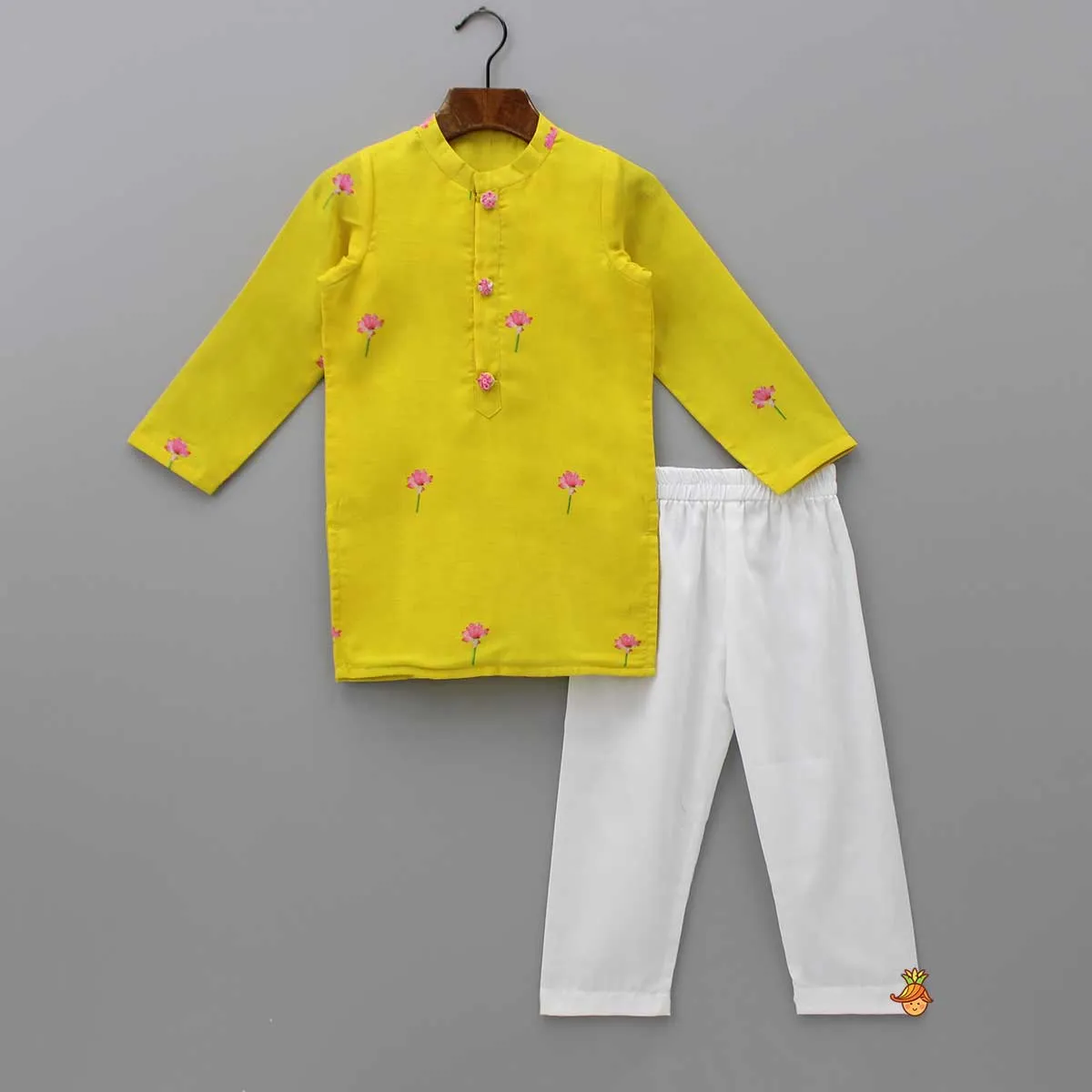 Pre Order: Yellow Printed Kurta With Open Jacket And Pyjama