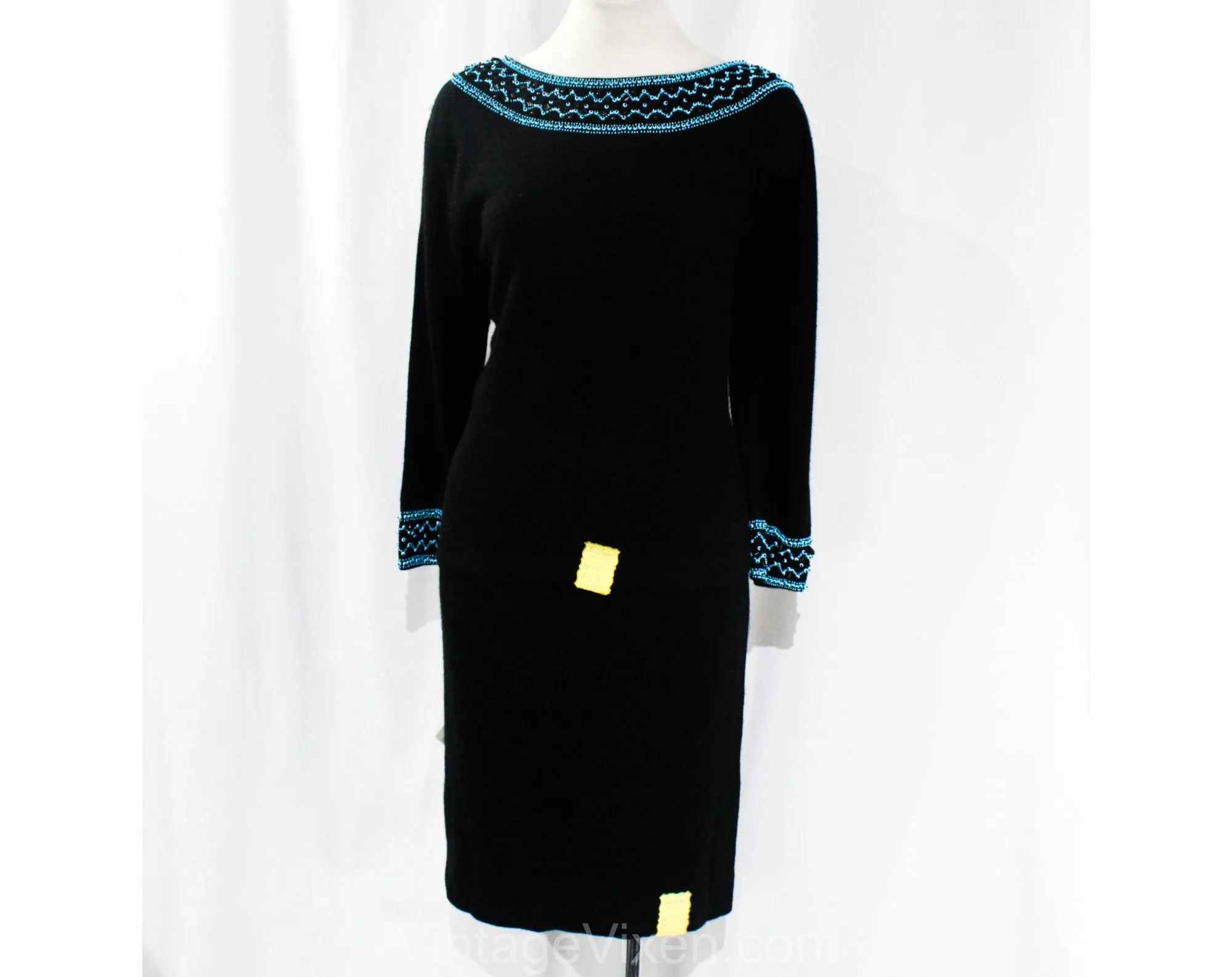 Size 10 Italian Designer Dress - 1950s Black Angora Knit Two-Piece with Turquoise Beading - 50s 60s Sweater & Skirt - Luisa Spagnoli NWT