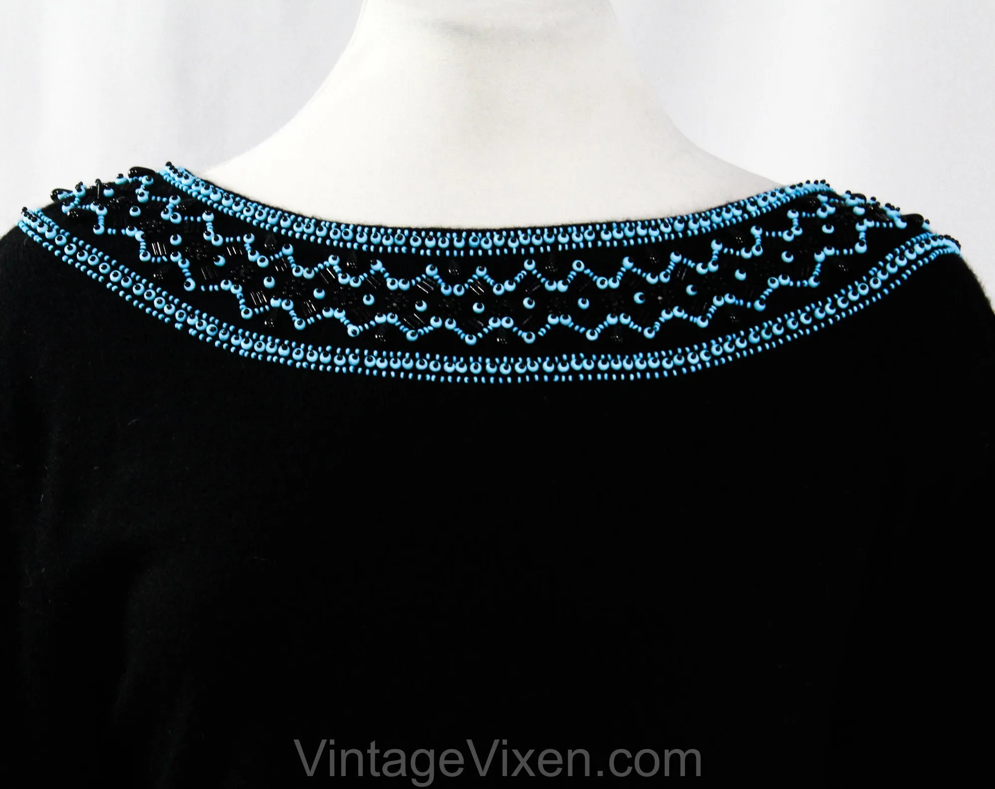 Size 10 Italian Designer Dress - 1950s Black Angora Knit Two-Piece with Turquoise Beading - 50s 60s Sweater & Skirt - Luisa Spagnoli NWT