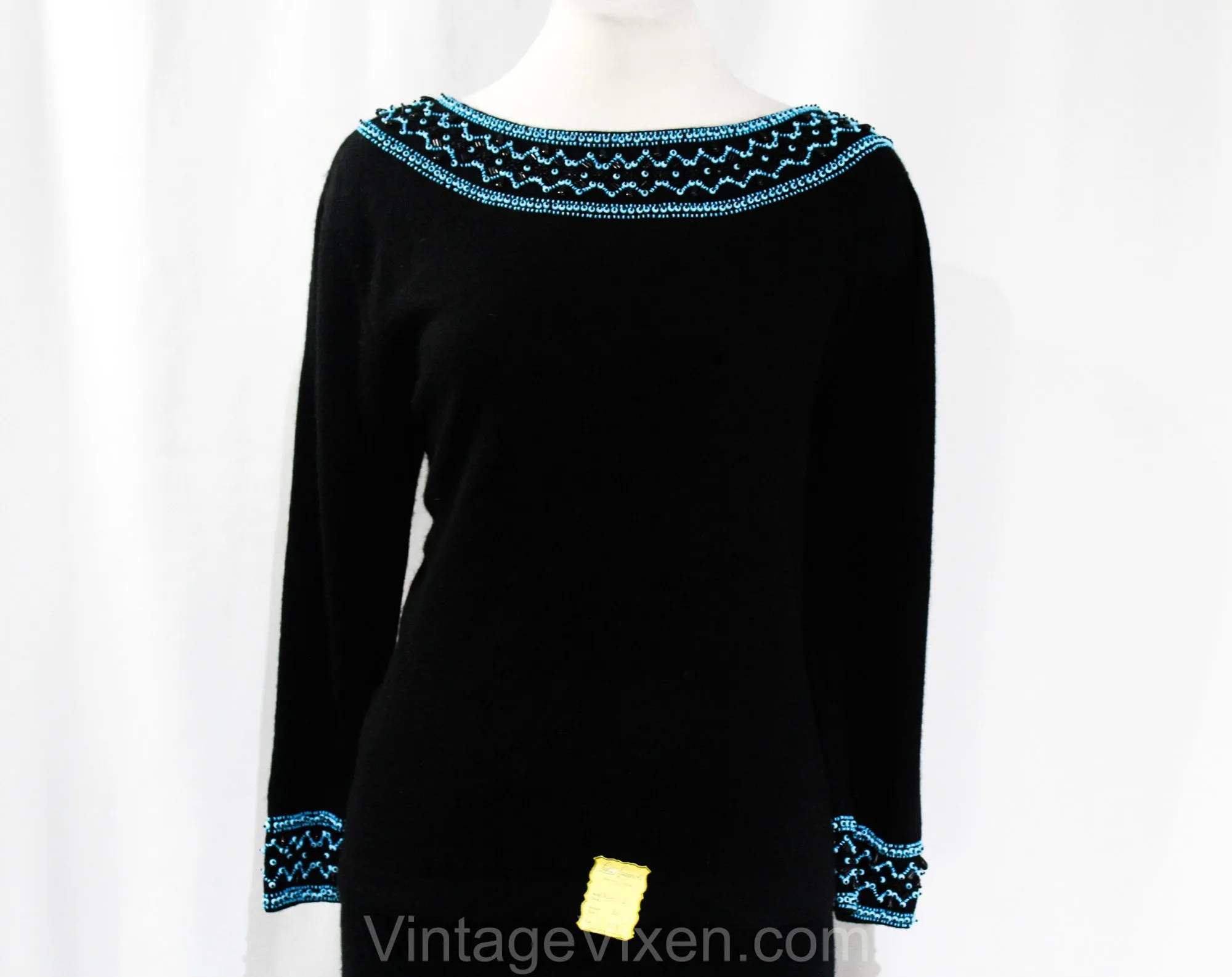 Size 10 Italian Designer Dress - 1950s Black Angora Knit Two-Piece with Turquoise Beading - 50s 60s Sweater & Skirt - Luisa Spagnoli NWT