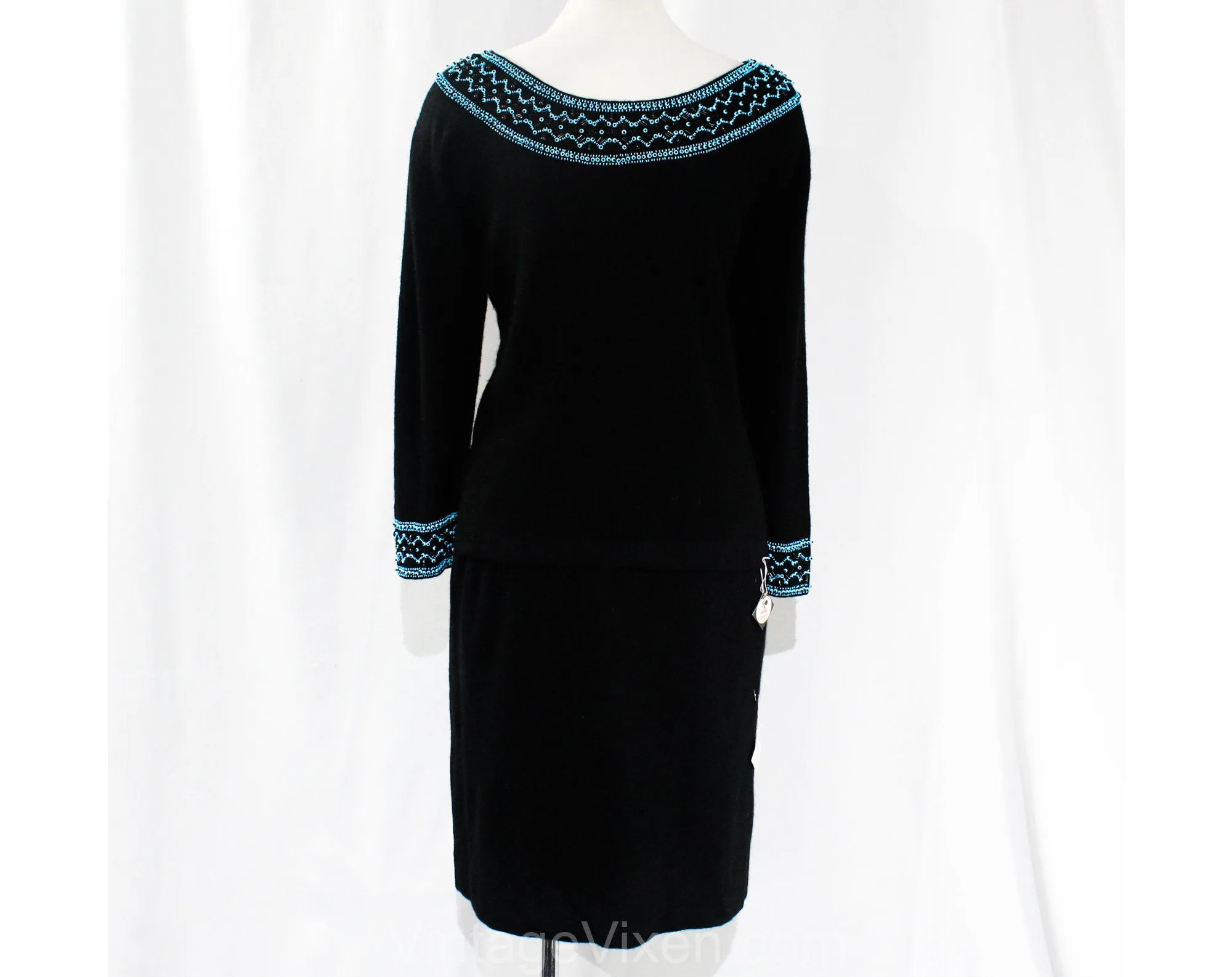 Size 10 Italian Designer Dress - 1950s Black Angora Knit Two-Piece with Turquoise Beading - 50s 60s Sweater & Skirt - Luisa Spagnoli NWT