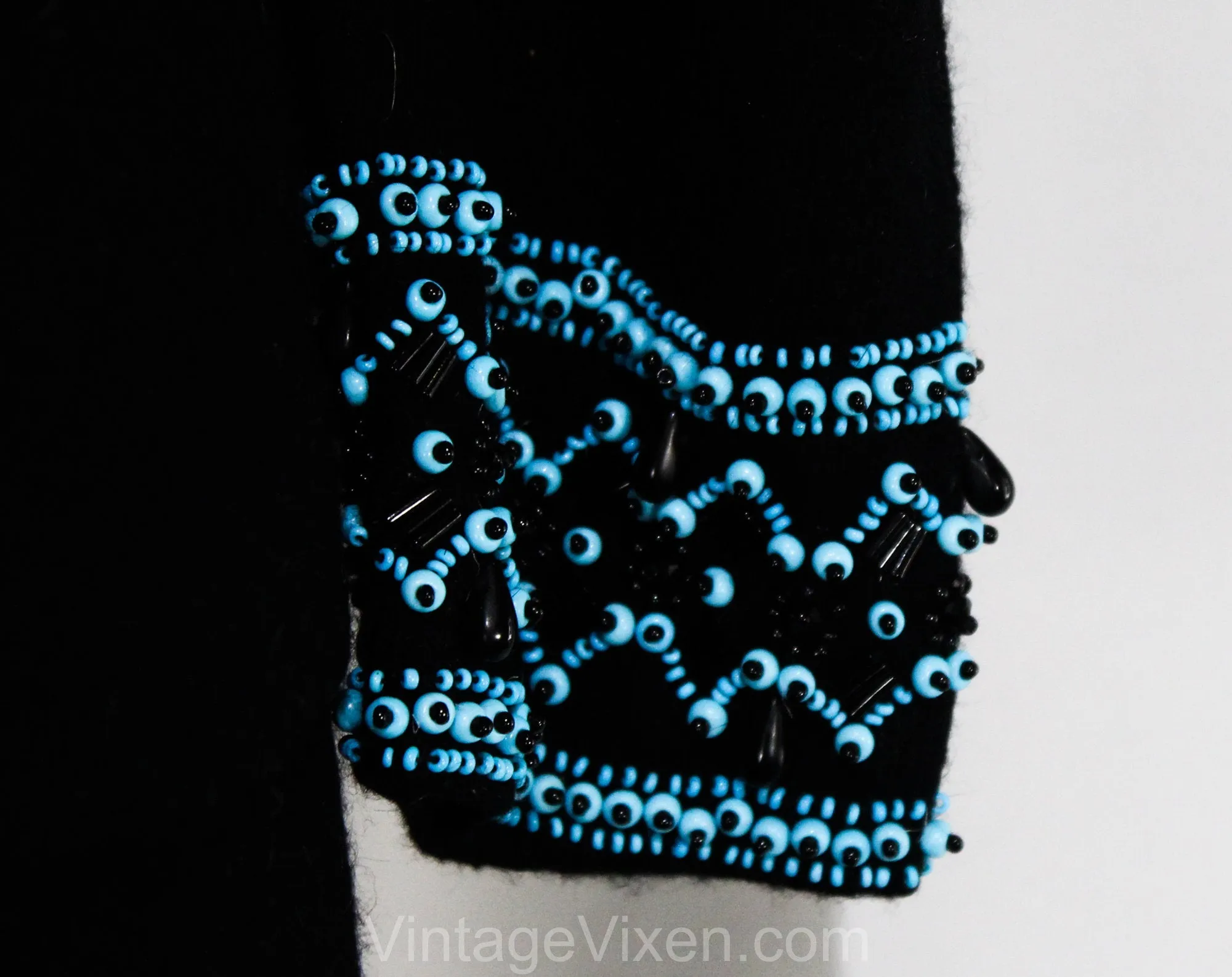 Size 10 Italian Designer Dress - 1950s Black Angora Knit Two-Piece with Turquoise Beading - 50s 60s Sweater & Skirt - Luisa Spagnoli NWT