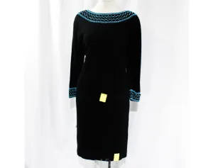 Size 10 Italian Designer Dress - 1950s Black Angora Knit Two-Piece with Turquoise Beading - 50s 60s Sweater & Skirt - Luisa Spagnoli NWT