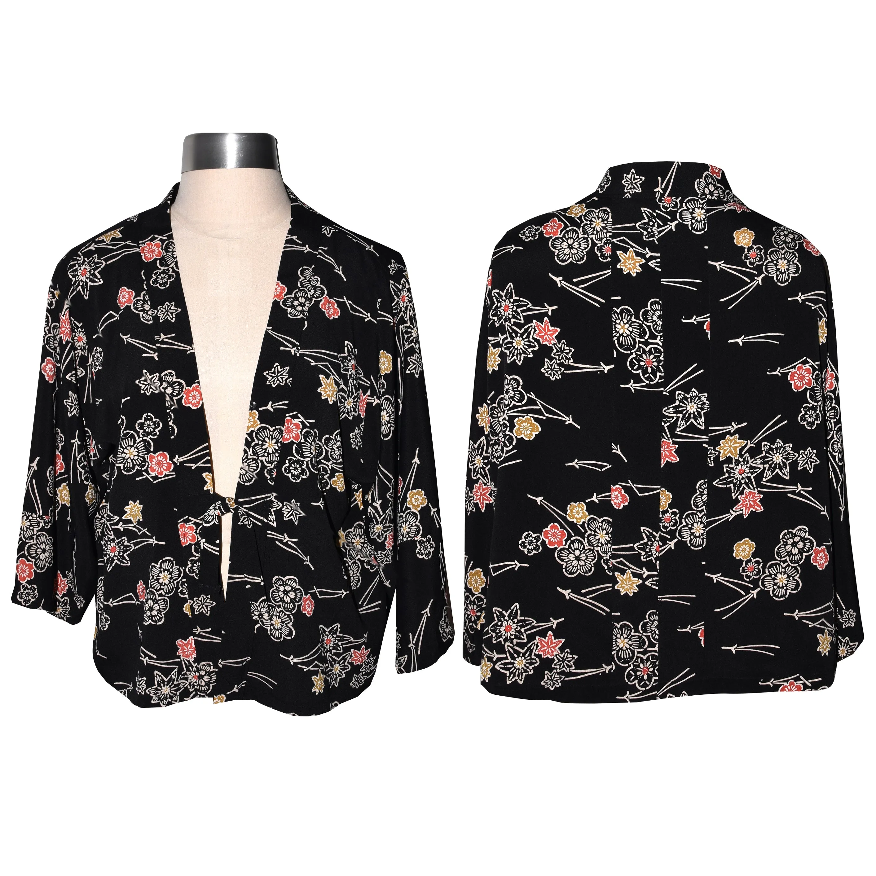 Unique Japanese Black Print Silk Crepe Kimono Style Jacket