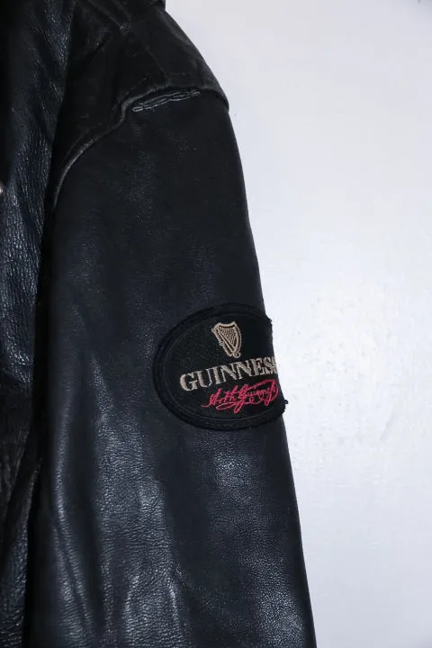 Vintage men Akaso Guiness genuine leather black leather biker zipper jacket M|L29W21|SKU 6711