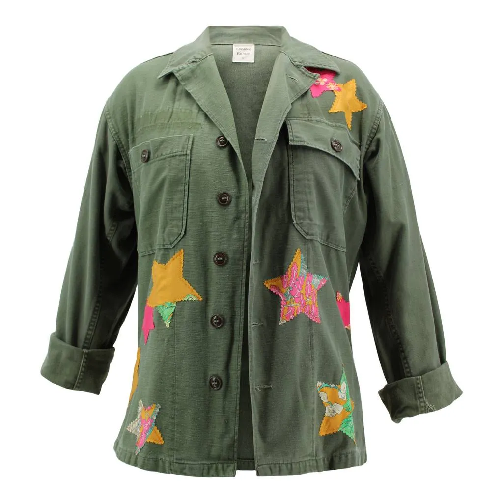 Vintage Military Jacket Reclaimed With Silk Scarf Stars sz Medium