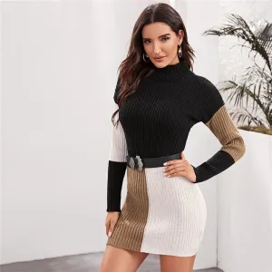 Women's Autumn Patchwork Knitted Short Sweater Dress