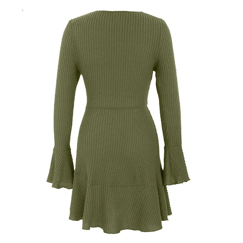 Women's Spring/Autumn V-Neck Ruffled A-Line Knitted Dress