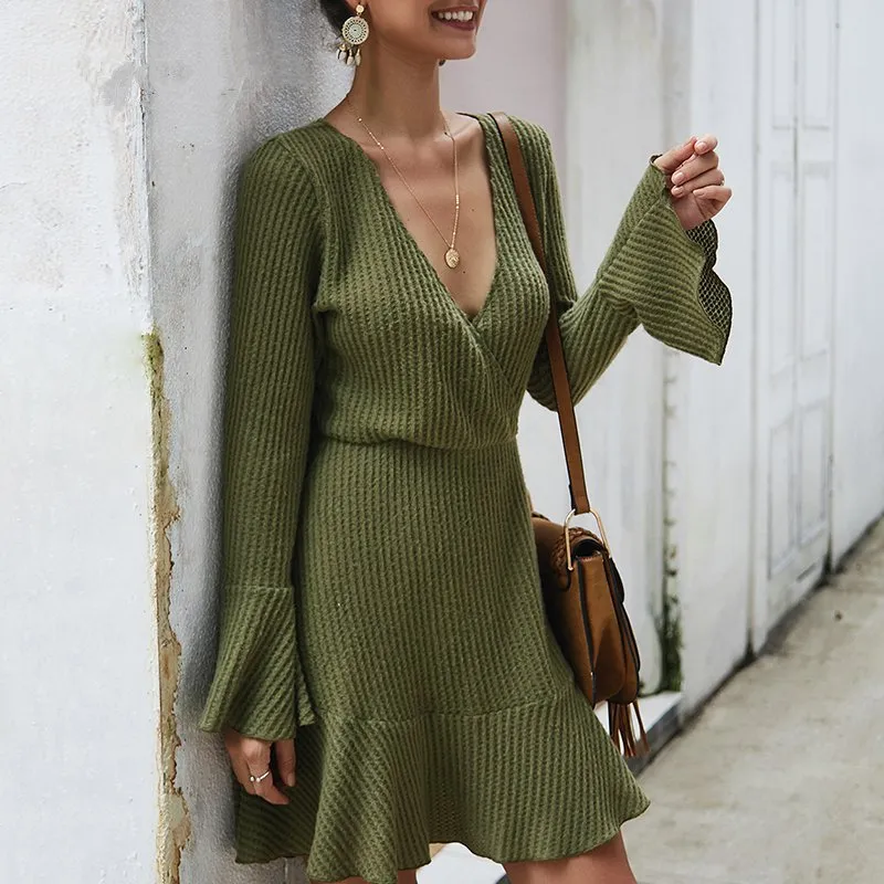 Women's Spring/Autumn V-Neck Ruffled A-Line Knitted Dress