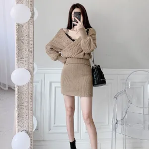 Women's Winter Casual V-Neck Sweater Two-Piece Mini Dress