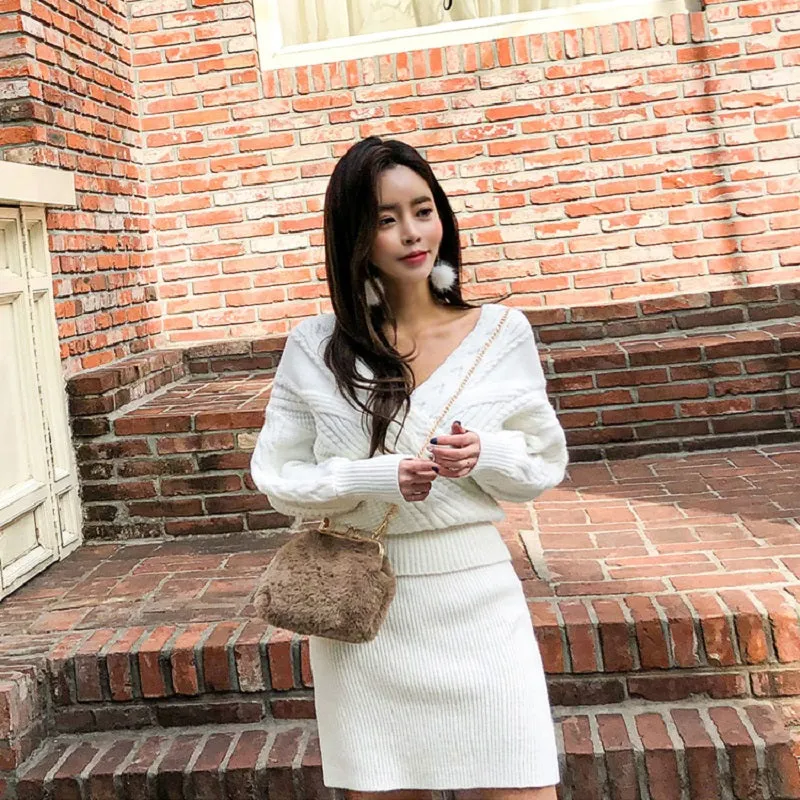 Women's Winter Casual V-Neck Sweater Two-Piece Mini Dress