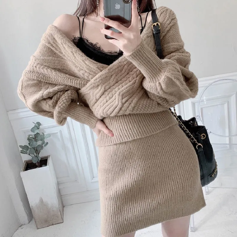 Women's Winter Casual V-Neck Sweater Two-Piece Mini Dress
