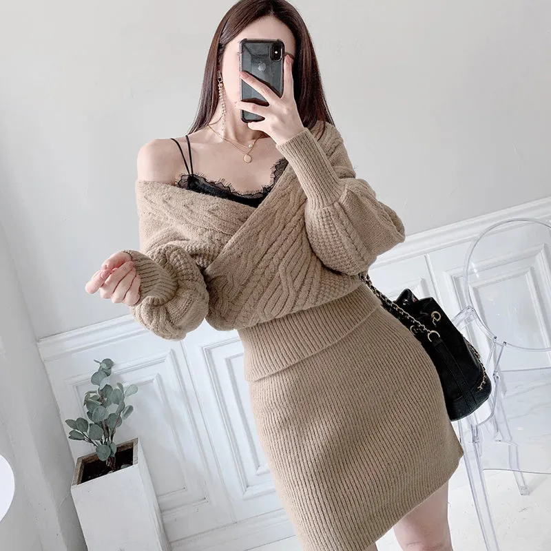 Women's Winter Casual V-Neck Sweater Two-Piece Mini Dress