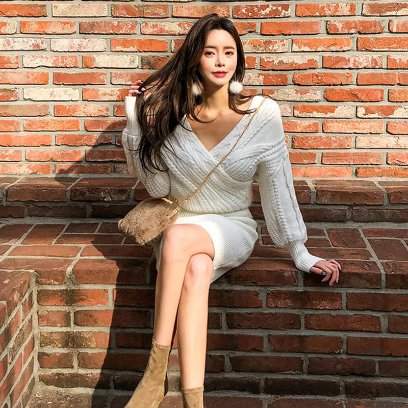 Women's Winter Casual V-Neck Sweater Two-Piece Mini Dress