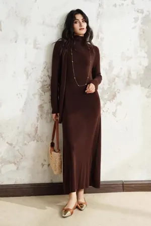Wool Blend Long Sleeve Mock Neck Sweater Dress with Bow
